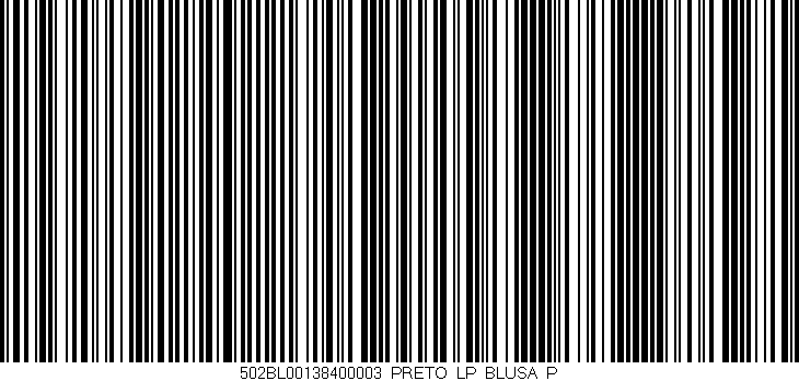 Código de barras (EAN, GTIN, SKU, ISBN): '502BL00138400003_PRETO_LP_BLUSA_P'