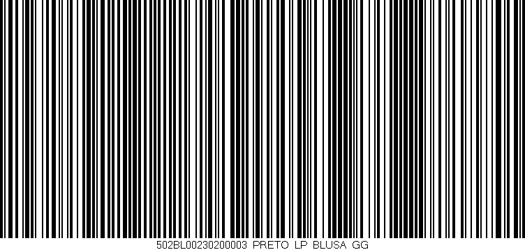 Código de barras (EAN, GTIN, SKU, ISBN): '502BL00230200003_PRETO_LP_BLUSA_GG'