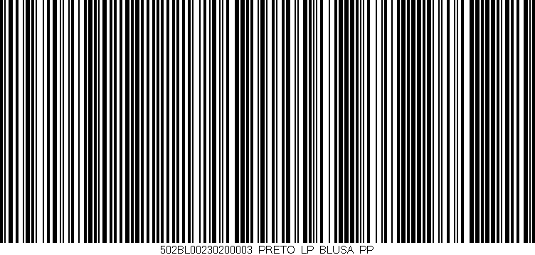 Código de barras (EAN, GTIN, SKU, ISBN): '502BL00230200003_PRETO_LP_BLUSA_PP'