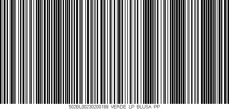 Código de barras (EAN, GTIN, SKU, ISBN): '502BL00230200189_VERDE_LP_BLUSA_PP'