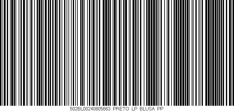 Código de barras (EAN, GTIN, SKU, ISBN): '502BL00240805663_PRETO_LP_BLUSA_PP'
