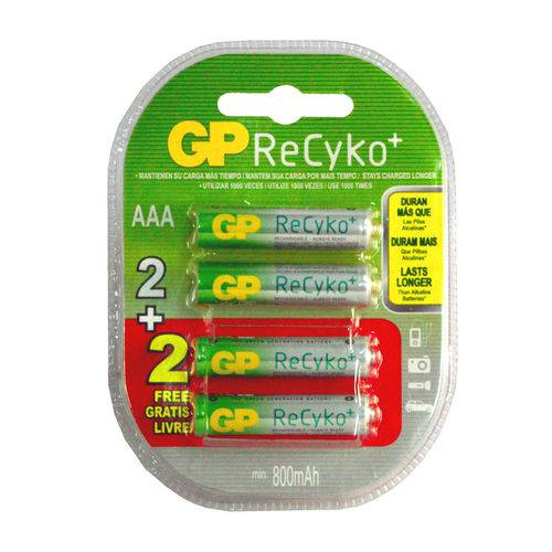 4 Pilhas Recarregáveis Gp Batteries ReCyko Aaa 800mAh