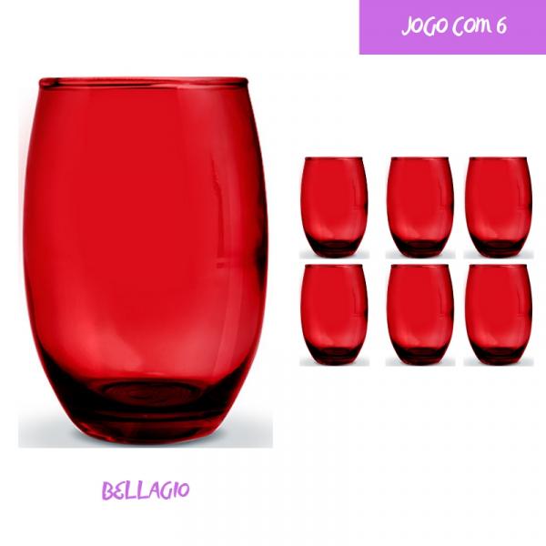 6 Copo Vidro Bellagio Redondo 450ml Grande Colorido Vermelho - Casa Linda