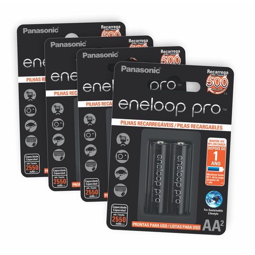8 Pilhas AA Recarregáveis Panasonic Eneloop Pro (4 Cartelas C/2 Pilhas Cada)
