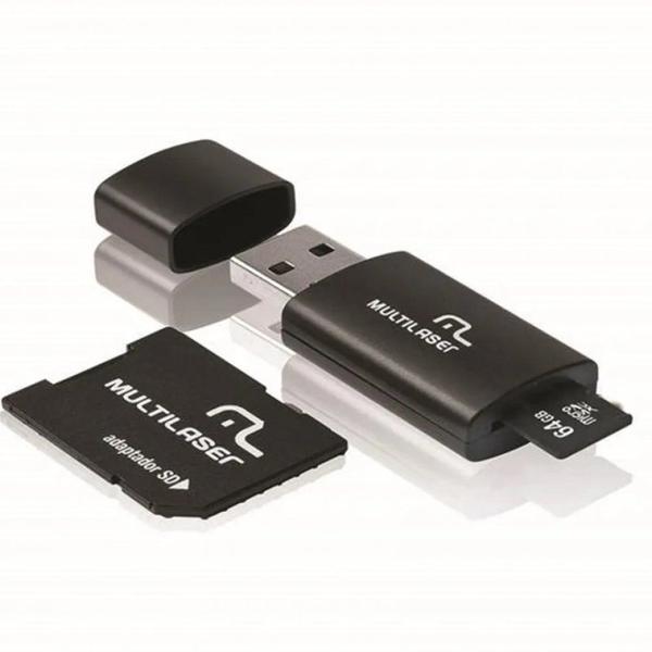 Adaptador 3 em 1 Multilaser SD Pendrive Cartão de Memória Classe 10 64GB Preto Mc115