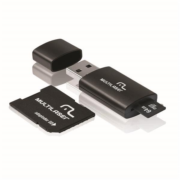 Adaptador 3 em 1 SD + Pendrive +Cartão de Memória Classe 10 64GB Preto Multilaser - MC115