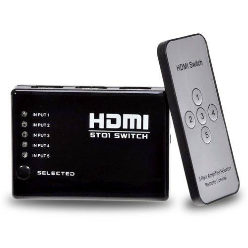 Adaptador Hub Switch Hdmi 5x1 com Controle Remoto 5 Portas Hdmi Splitter Full Hd para Video Game, Tv