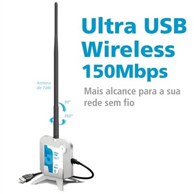 Adaptador Wireless Ultra USB 150Mbps com Antena 7dbi 500mw - Gts Network