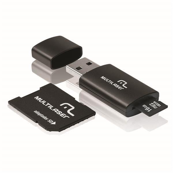Adaptador 3x1 Multilaser SD + Pendrive + Cartão de Memória Classe 10 16GB Preto - MC112