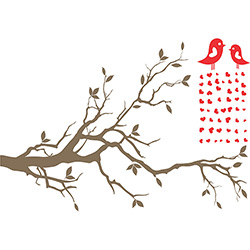 Adesivo de Parede Pássaros do Amor - Árvore Marrom Corações Vermelho - 58cm X 84cm - Classic Home
