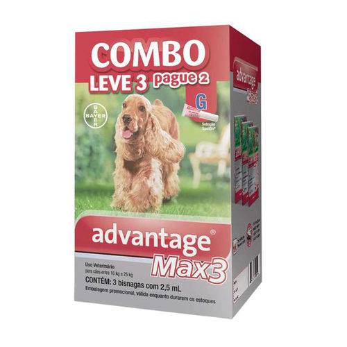 Advantage Max 3 Combo Leve 3 Pague 2 Antipulgas e Carrapatos para Cães Entre 10 e 25kg 2,5ml