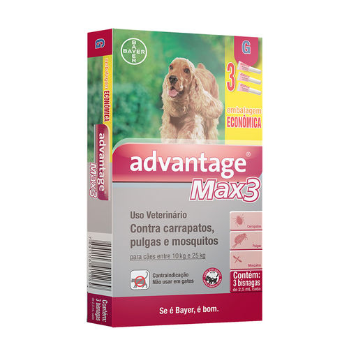 Advantage Max 3 Combo Leve 3 Pague 2 Antipulgas e Carrapatos para Cães Entre 10 e 25kg 2,5ml