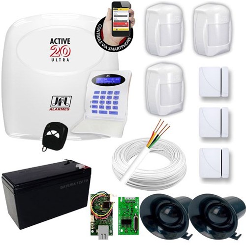 Alarme Residencial e Comercial Kit com Central Active 20 Ultra Monitorada + 6 Sensores Jfl