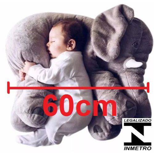 Almofada Travesseiro Elefante de Pelúcia para Bebê Dormir Cinza 60cm - Franquia Ursos e Pelúcias