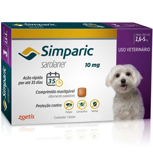 Anti-pulgas Simparic 10 Mg - Cães 2,6 a 5Kg - 1 Unidade