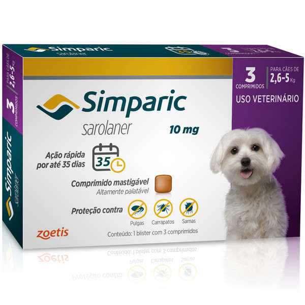 Anti-pulgas Simparic 10 Mg - Cães 2,6 a 5Kg - 3 Unidades
