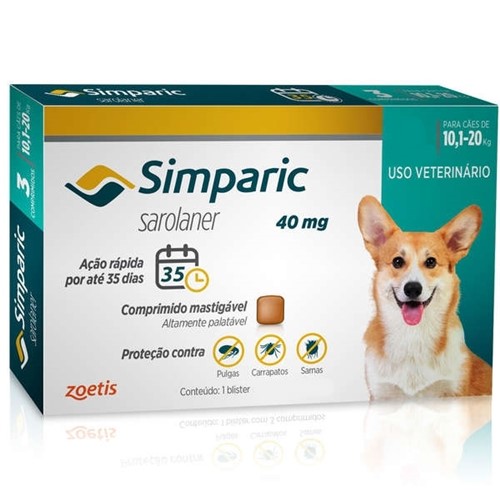 Anti-pulgas Simparic 40 Mg - Cães 10,1 a 20 Kg - 1 Unidade