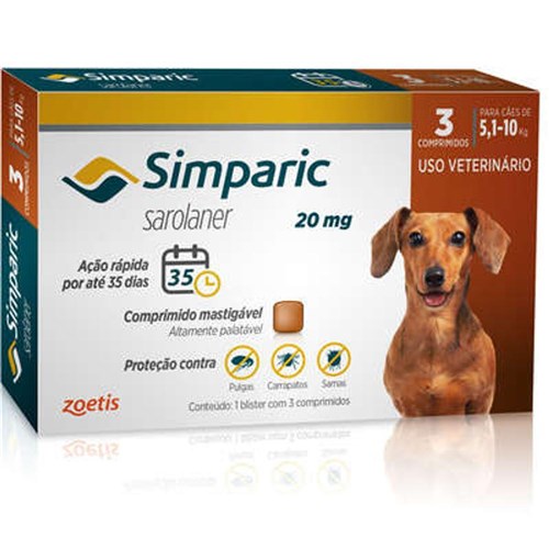 Anti Pulgas Zoetis Simparic 20 Mg Para Cães 5,1 A 10 Kg - 3 Comprimidos