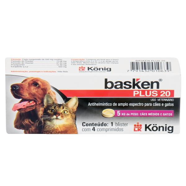 Antiparasitário Basken Plus 20 König P/ Cães Médios e Gatos com 5kg C/ 4 Comprimidos - Konig