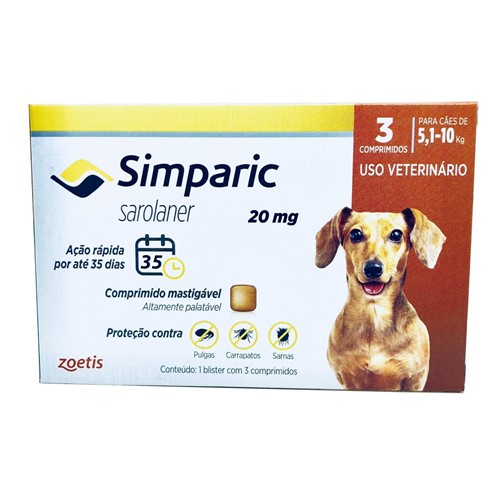 Antipulga Simparic Zoetis 20 Mg Cães 5,1 a 10Kg 3 Comprimidos