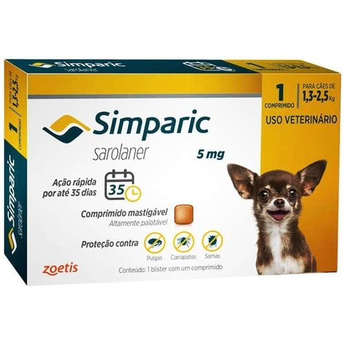 Antipulgas Cães 1,3 a 2,5 Kg Simparic 5mg com 1 Comprimidos