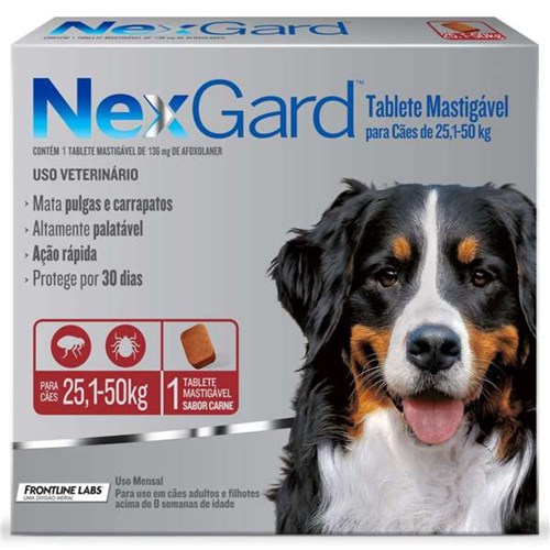 Antipulgas e Carrapatos Merial Nexgard 136 Mg para Cães de 25,1 a 50 Kg