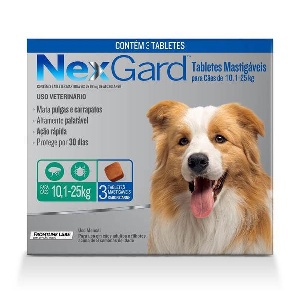 Antipulgas e Carrapatos Merial Nexgard para Cães de 10,1 a 25Kg com 3 Tabletes