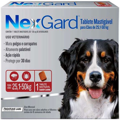 Antipulgas e Carrapatos NexGard 136 Mg para Cães de 25,1 a 50 Kg com 1 Tablete - Merial