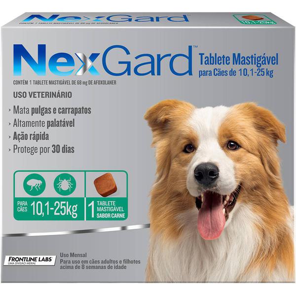 Antipulgas e Carrapatos NexGard 68 Mg para Cães de 10,1 a 25 Kg com 1 Tablete - Merial