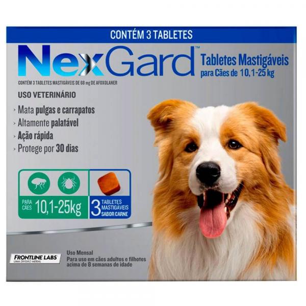 Antipulgas e Carrapatos NexGard para Cães de 10,1 a 25 Kg com 3 Comprimidos