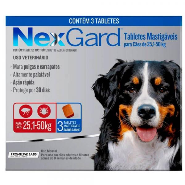Antipulgas e Carrapatos NexGard para Cães de 25,1 a 50 Kg com 3 Comprimidos
