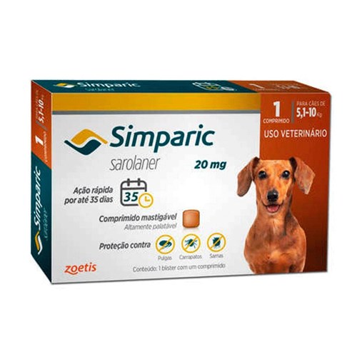 Antipulgas Simparic 20 Mg para Cães de 5,1 a 10kg Zoetis - 1 Comprimido