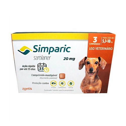 Antipulgas Simparic 20 Mg para Cães de 5,1 a 10kg Zoetis - 3 Comprimidos