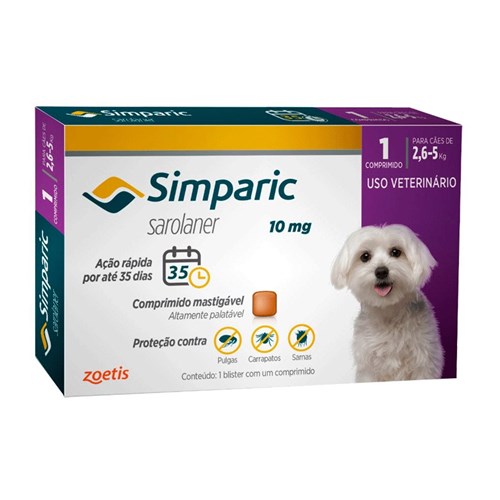 Antipulgas Simparic 10 Mg para Cães 2,6 a 5kg Zoetis - 1 Comprimido