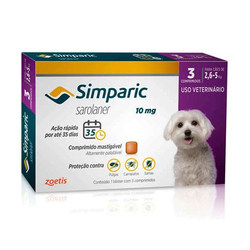 Antipulgas Simparic 10 Mg para Cães 2,6 a 5kg Zoetis - 3 Comprimidos