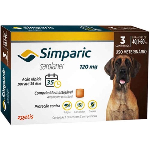 Antipulgas Simparic 120 Mg para Cães Entre 40,1 a 60 Kg Cx C/ 3 Comprimidos Zoetis Validade 01/21