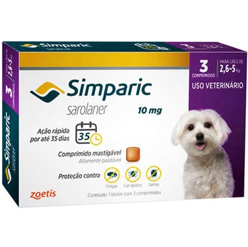 Antipulgas Simparic 10 Mg para Cães Entre 2,6 a 5 Kg Cx C/ 3 Comprimidos Zoetis Validade 02/21