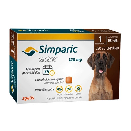 Antipulgas Simparic 120mg para Cães de 40,1 a 60kg Zoetis - 1 Comprimido