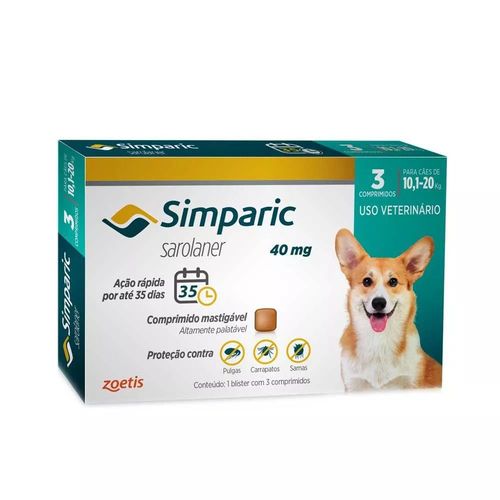 Antipulgas Simparic 40 Mg para Cães 10,1 a 20 Kg - Zoetis - 3 Comprimidos
