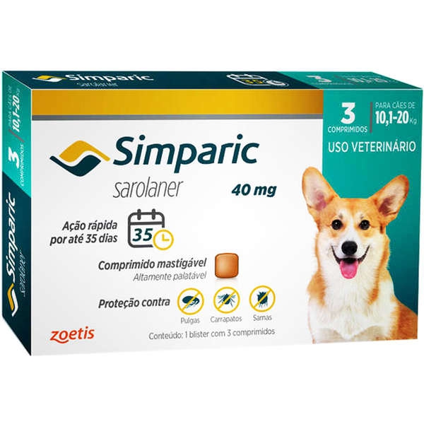 Antipulgas Simparic 40 Mg para Cães Entre 10,1 a 20 Kg Cx C/ 3 Comprimidos Zoetis Validade 04/21