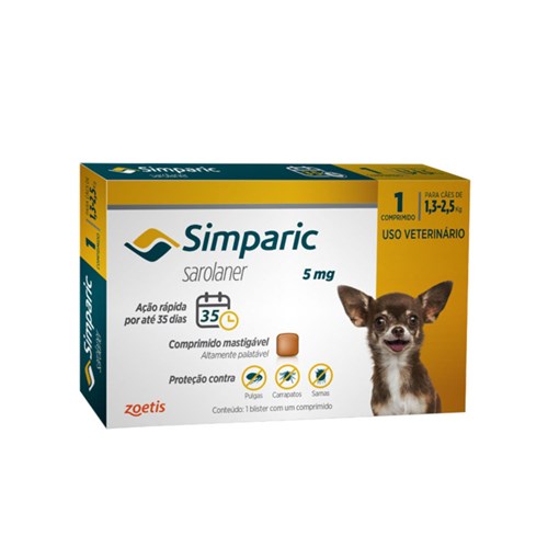 Antipulgas Simparic 5 Mg para Cães 1,3 a 2,5 Kg - Zoetis - 1 Comprimido