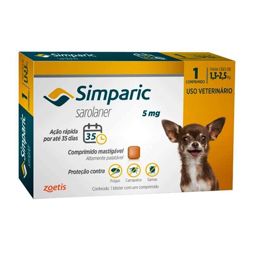 Antipulgas Simparic 5 Mg para Cães 1,3 a 2,5kg Zoetis - 1 Comprimido