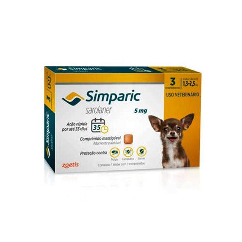 Antipulgas Simparic 5 Mg para Cães 1,3 a 2,5kg Zoetis - 3 Comprimidos