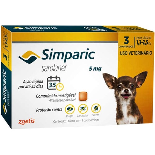 Antipulgas Simparic 5 Mg para Cães Entre 1,3 a 2,5 Kg Cx C/ 3 Comprimidos Zoetis Validade 10/20