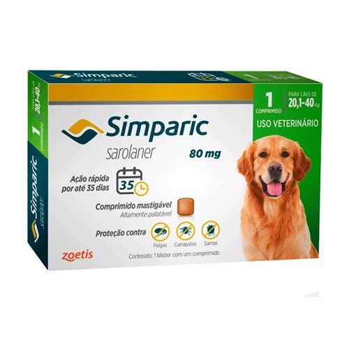 Antipulgas Simparic 80 Mg para Cães de 20,1 a 40kg Zoetis - 1 Comprimido