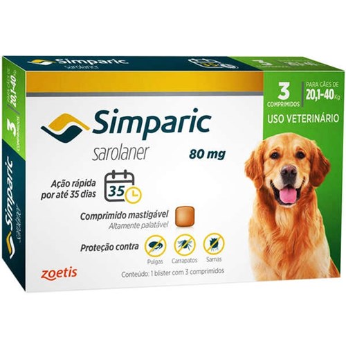 Antipulgas Simparic 80 Mg para Cães Entre 20,1 a 40 Kg Cx C/ 3 Comprimidos Zoetis Validade 02/21