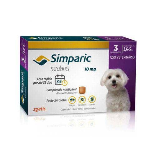 Antipulgas Zoetis Simparic 10 Mg para Cães 2,6 a 5 Kg - 3 Comprimidos