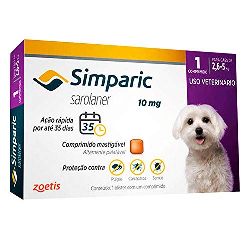 Antipulgas Zoetis Simparic 10mg para Cães 2,6 a 5Kg - 1 Comprimido