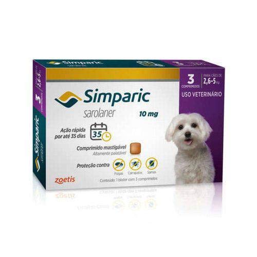 Antipulgas Zoetis Simparic 10mg para Cães 2,6 a 5Kg - 3 Comprimidos