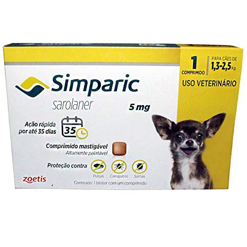 Antipulgas Zoetis Simparic 5mg para Cães 1,3 a 2,5 Kg - 1 Comprimido